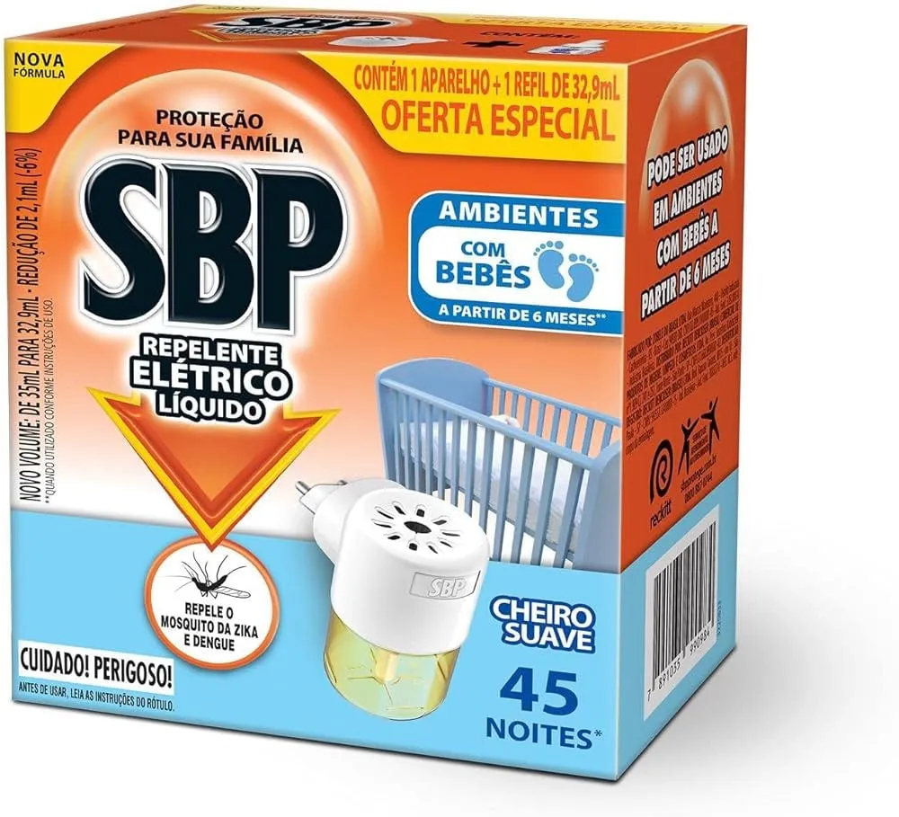 Repelente Eletrico Liquido SBP 45 Noites Cheiro Suave + Refil 35ml