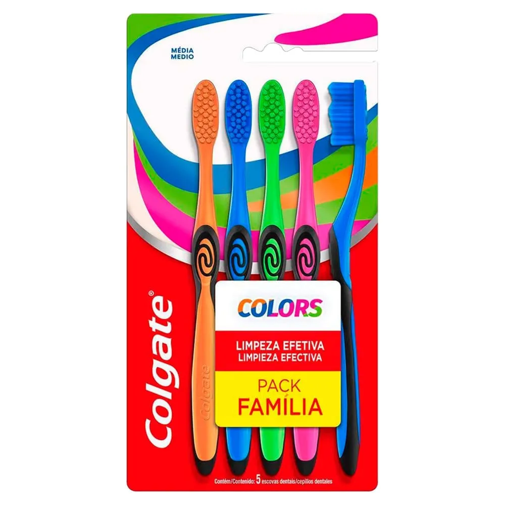 Escova Dental Colgate Colors Média Tamanho Família com 5 Unidades