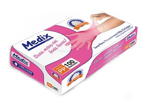 Luva Nitrílica Medix - Rosa - Tamanho M - Caixa com 100 unidades