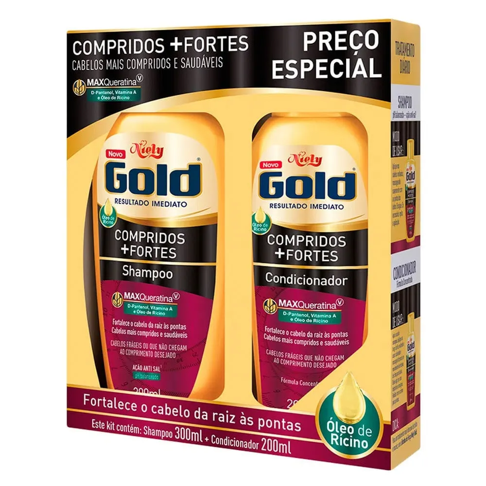 Kit Niely Gold Compridos+Fortes Shampoo 300ml+Condicio 200ml