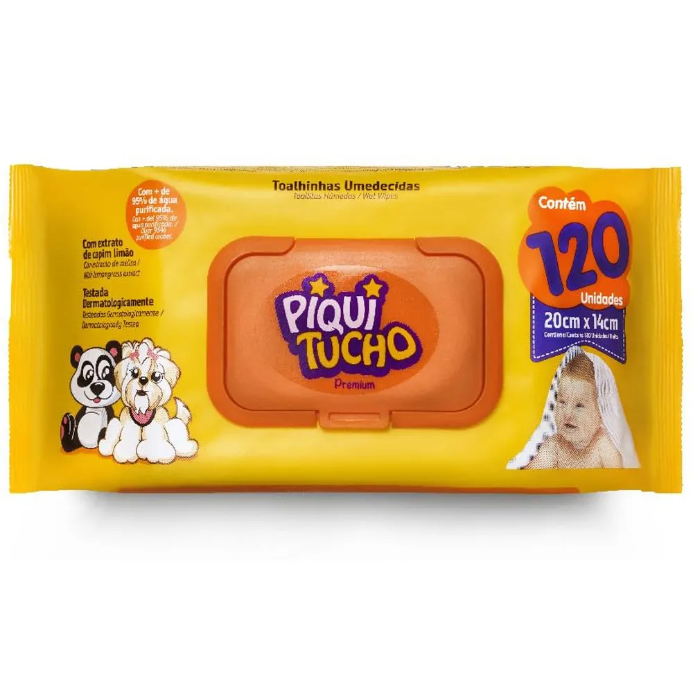 Lenço Umedecido Piquitucho Premium Extrato de Capim Limão 120 Unidades