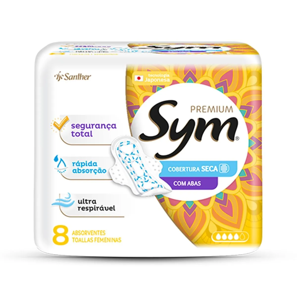 Absorvente Sym Premium Cobertura Seca Com Abas 8 Unidades