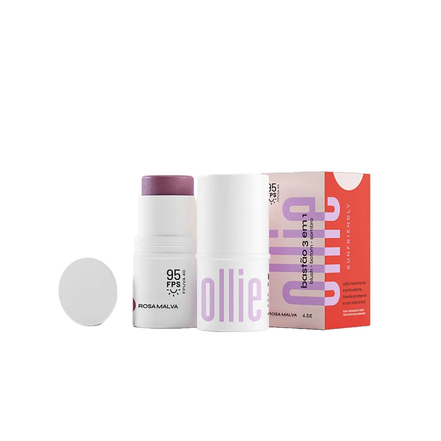 Bastão 3 em 1 Ollie FPS 95 Rosa Malva (Blush, Batom e Sombra)