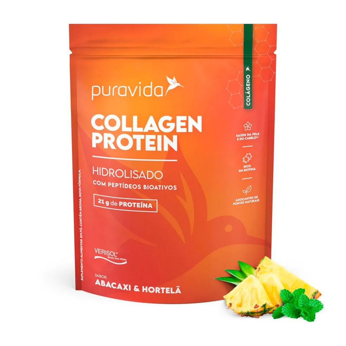 Colágenos Puravida Collagen Protein Verisol Abacaxi Hortelã 450g