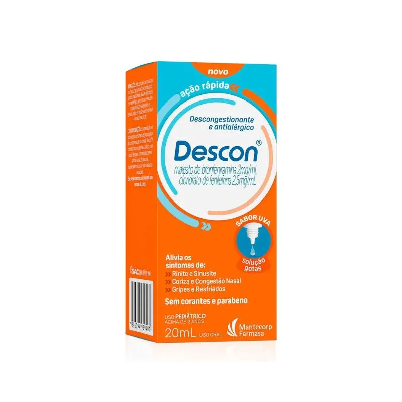 Descon Maleato de Bronfeniramina 2mg + Cloridrato de Fenilefrina 2,5mg Sabor Uva Gotas 20ml