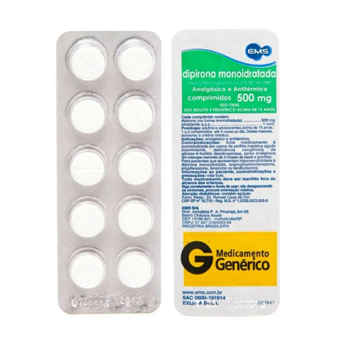 Dipirona 500mg Com 10 Comprimidos Genérico Ems