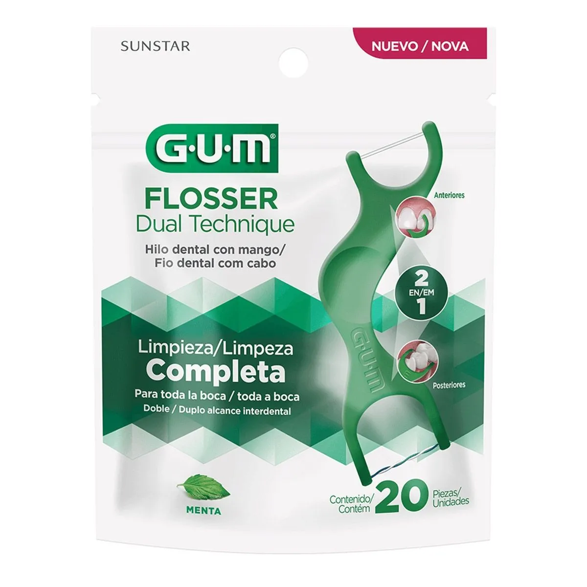 Fio Dental Flosser Dual Technique Gum Sabor Menta com 20 Unidades Sunstar