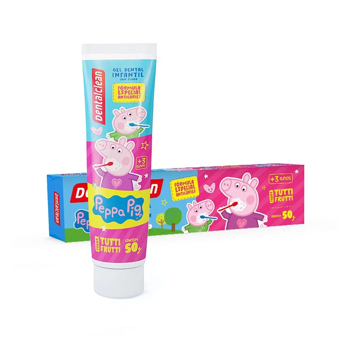 Gel Dental Infantil Peppa Pig Com Flúor Anticárie Sabor Tutti Frutti Com 50G Dentalclean