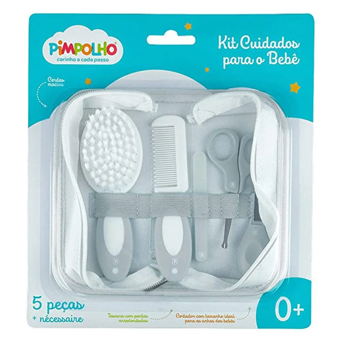 Kit Cuidados Para O Bebê Com 5 Peças e Nécessaire Cinza Pimpolho