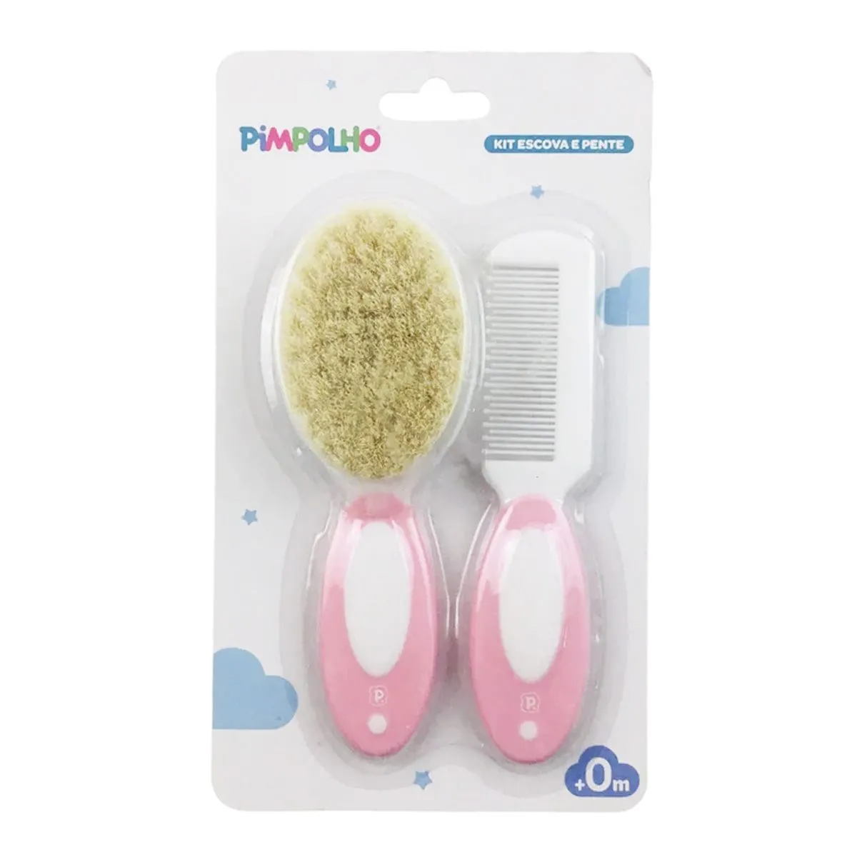 Kit Escova e Pente Bebê Rosa Com Cerdas Palha Pimpolho