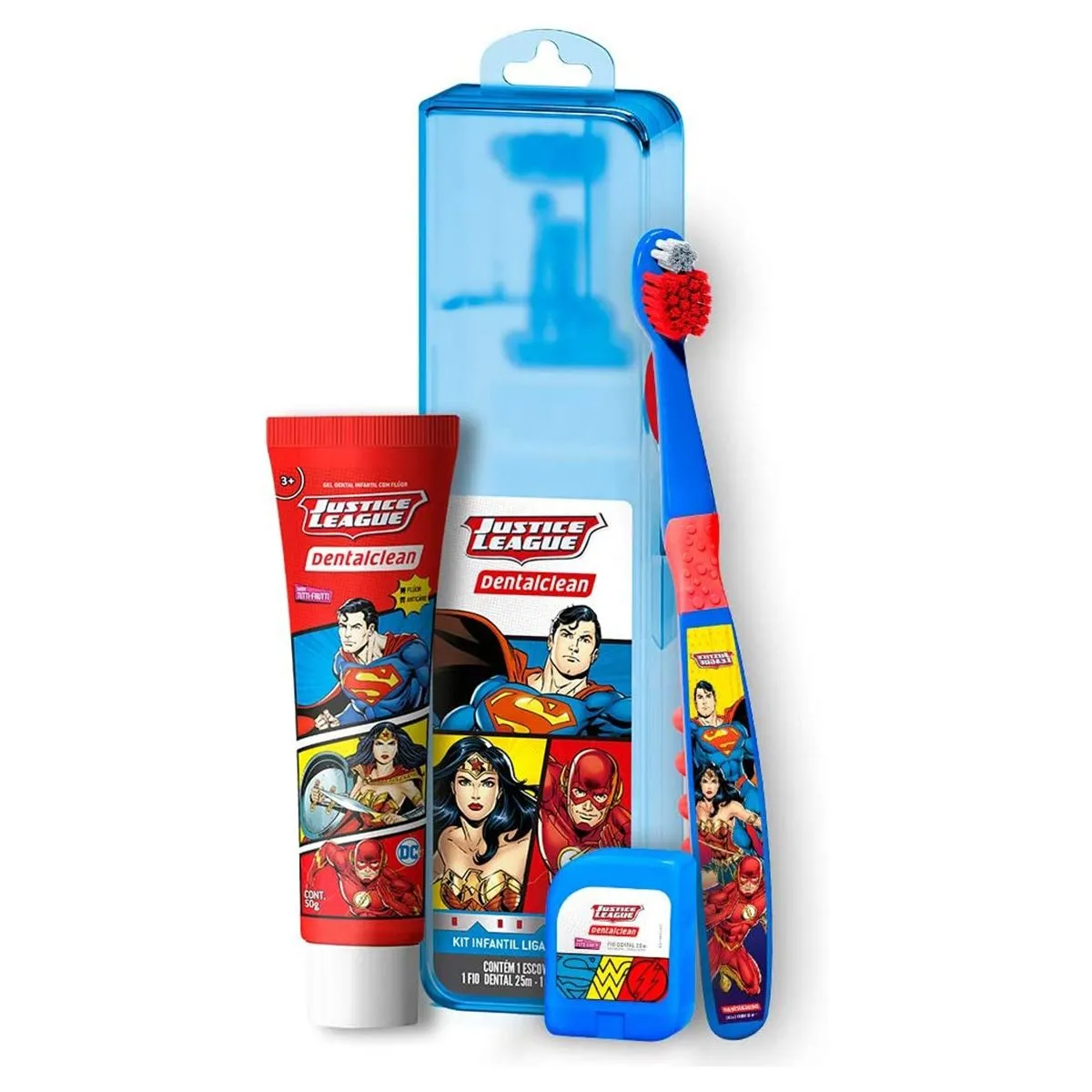 Kit Escovação Premium Infantil Liga da Justiça Escova, Fio e Gel Dental Sabor Tutti Frutti Com Estojo Dentalclean