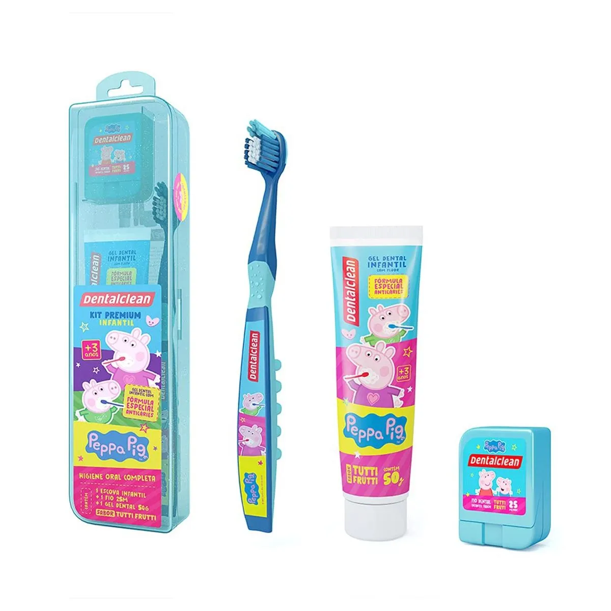 Kit Escovação Premium Infantil Peppa Pig Escova, Fio e Gel Dental Sabor Tutti Frutti Com Estojo Dentalclean