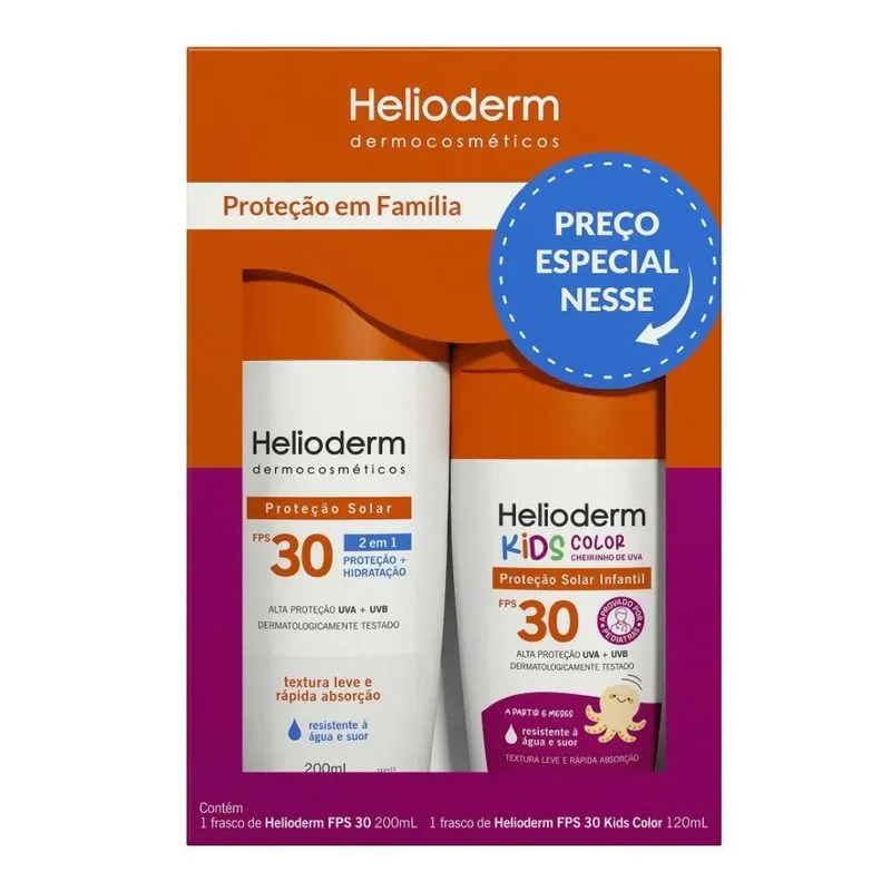 Kit Proteção em Família Helioderm Dercosmético Corporal Adulto FPS30 200mL + Kids Color FPS30 120mL