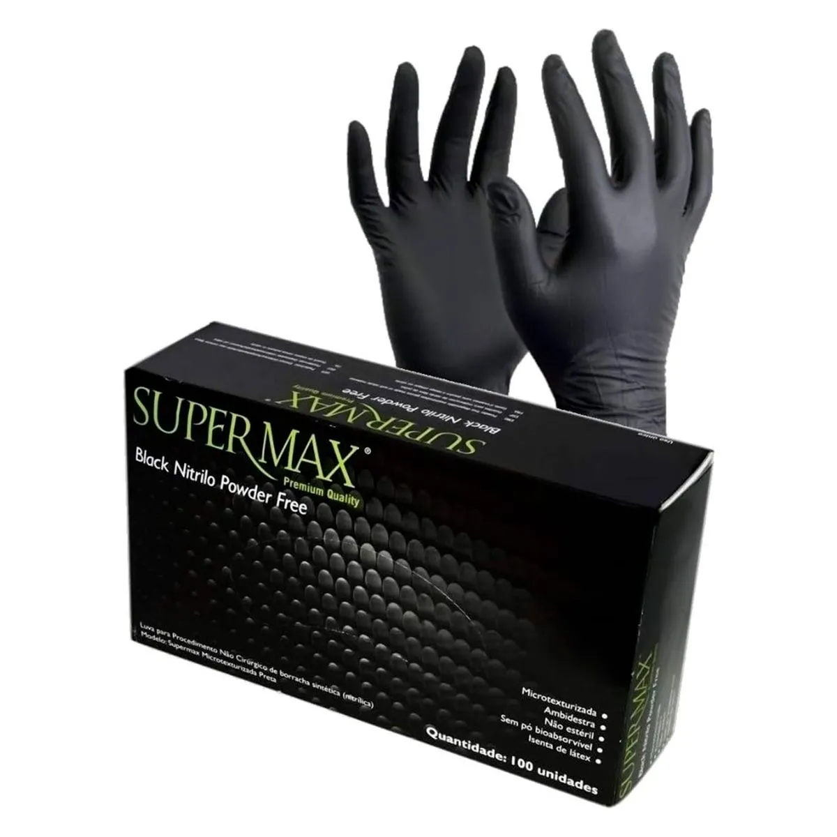 Luva de Procedimento Nitrílica Preta Sem Pó Pequena Com 100 Unidades Supermax