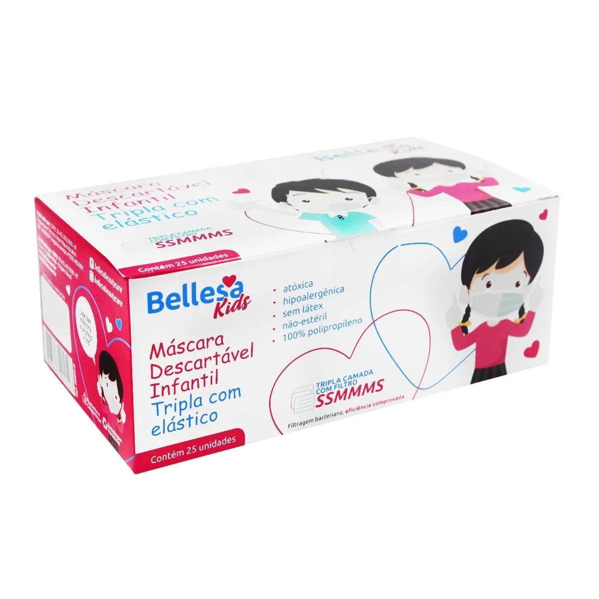 Máscara Descartável Infantil Azul com 25 Unidades Bellesa Kids