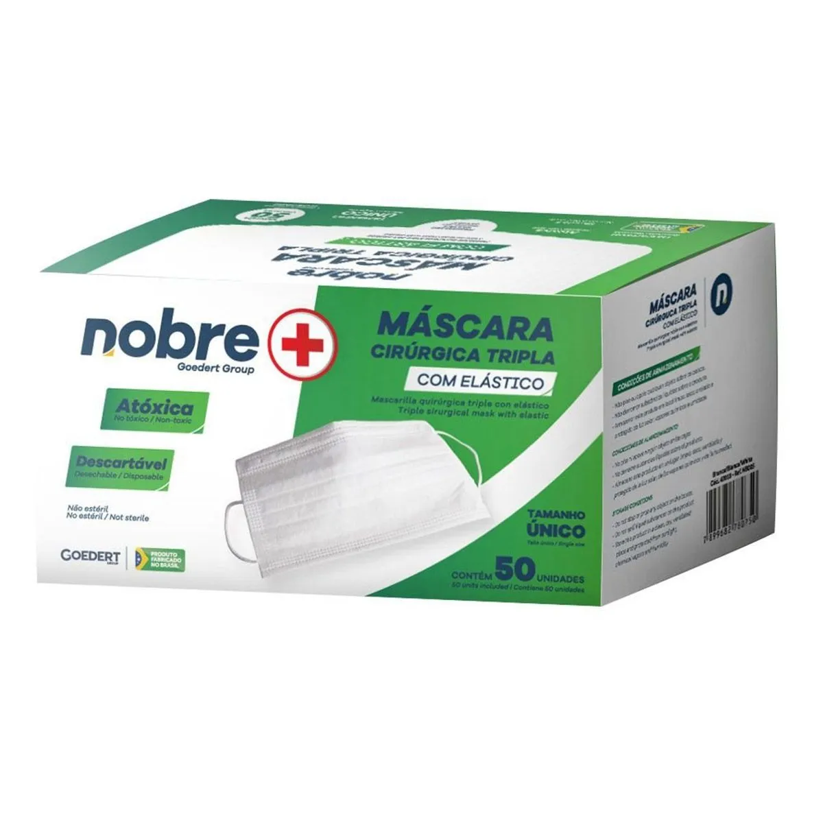 Máscara Descartável Tripla Tamanho Único com 50 Unidades Caixa Verde Nobre