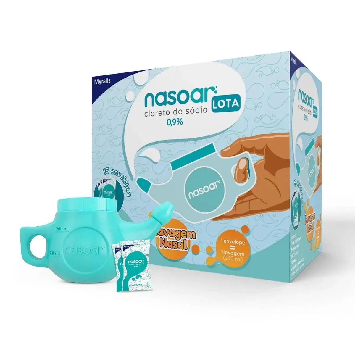 Nasoar Lota Cloreto de Sódio 0,9% Com Frasco Aplicador e 15 envelopes Myralis