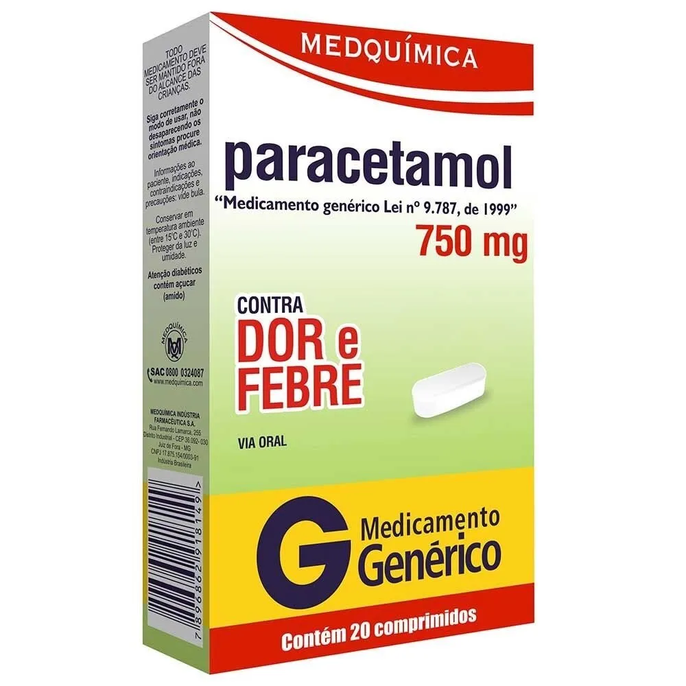 Paracetamol Genérico Medquímica 750mg 20 Comprimidos