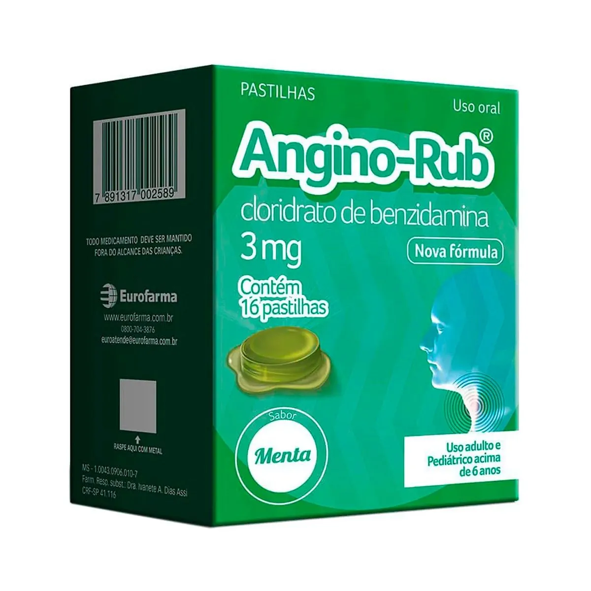 Pastilhas Angino-Rub Cloridrato De Benzidamina Sabor Menta Com 16 Unidades Eurofarma