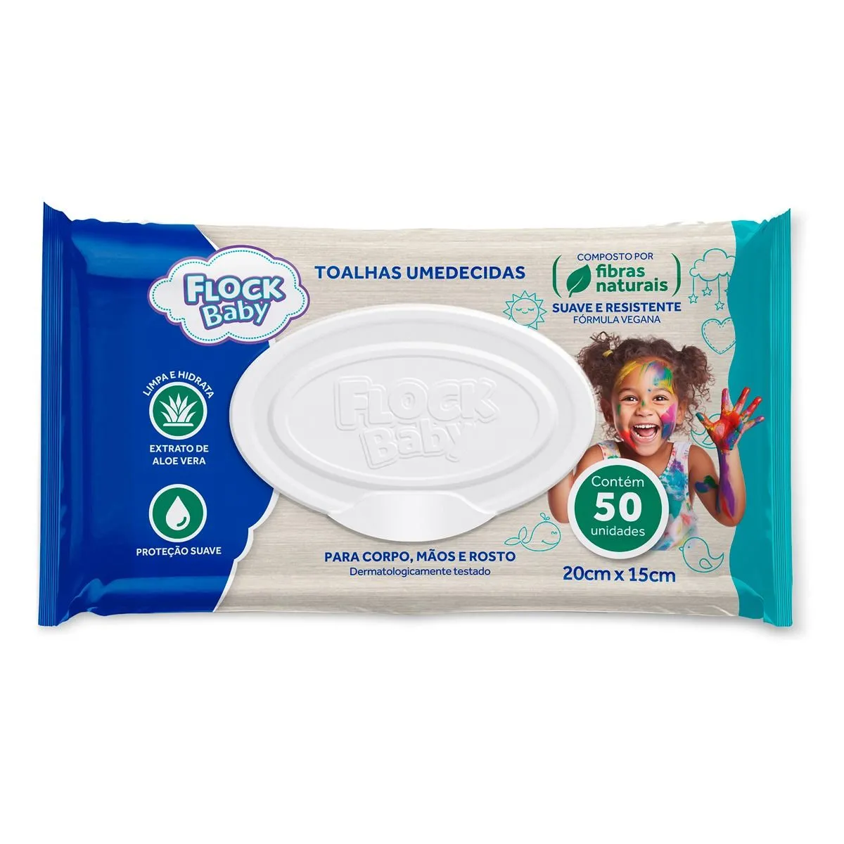 Toallhas Umedecidas Fibras Naturais Para Corpo Mãos E Rosto Com 50 Unidades Flock Baby