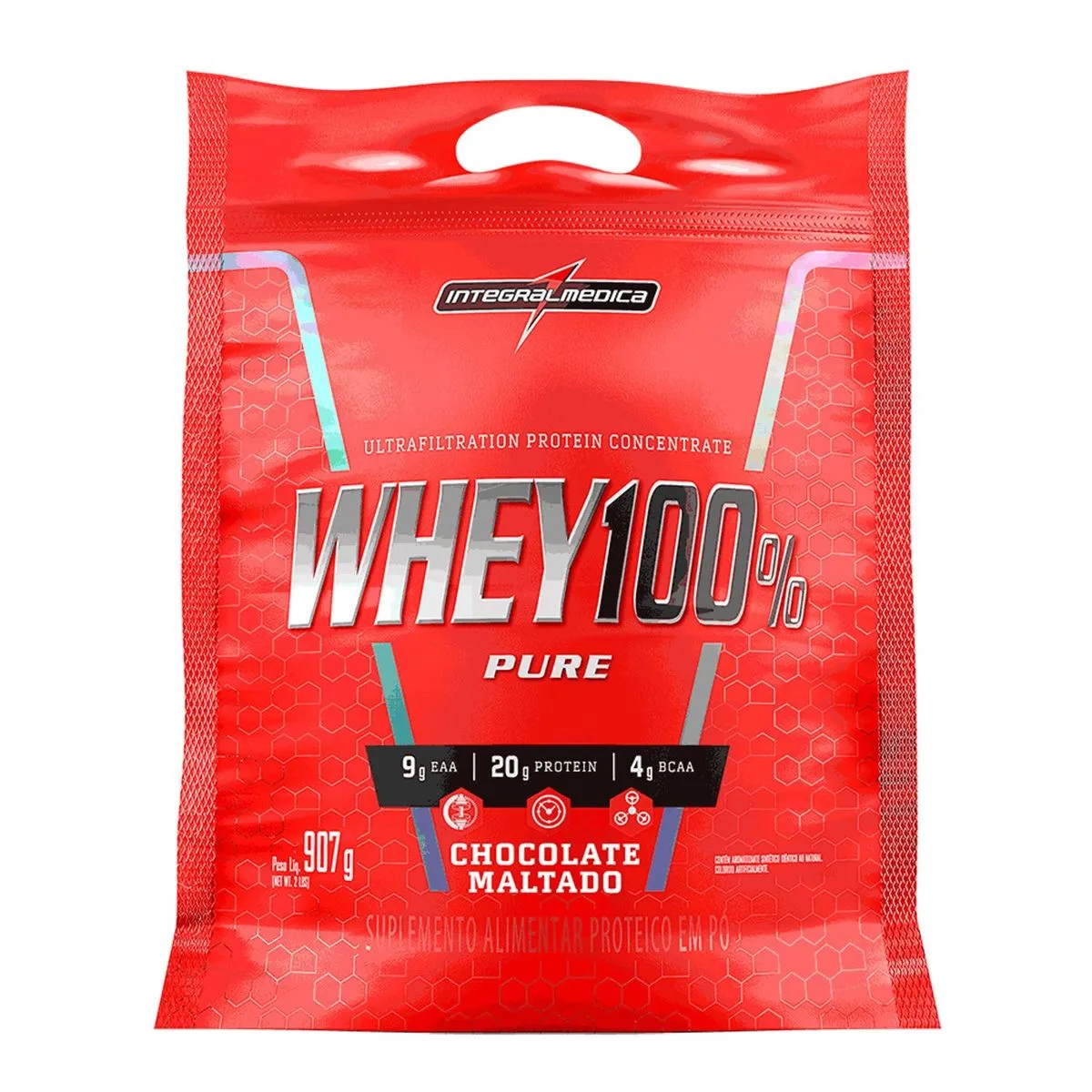 Whey 100% Protein Pure Pouch Concentrado Chocolate Maltado 907g Integralmedica
