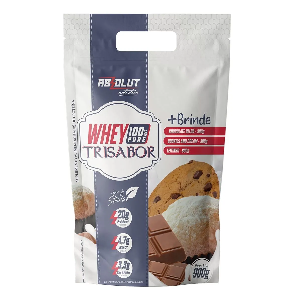 Whey Concentrado 100% Pure Trisabor Chocolate Belga Cookies And Cream e Leitinho Refil 900G Absolut Nutrition